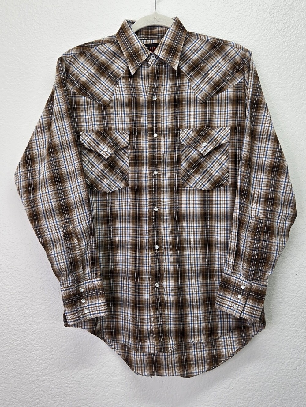 Vtg Plains Western Wear Pearl Snap Shirt‎ Mens S Brown Blue Plaid Gold Lurex L/S